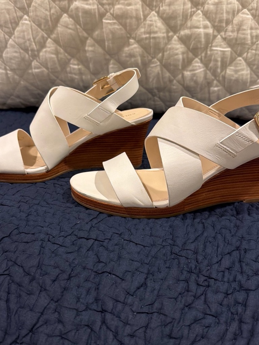 Cole Haan White Leather Cross-Strap Wedge Sandals